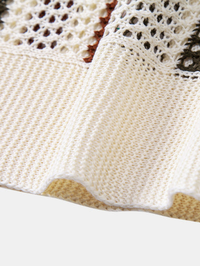 Striped Crochet V Neck Polo & Straight Leg Linen Pants