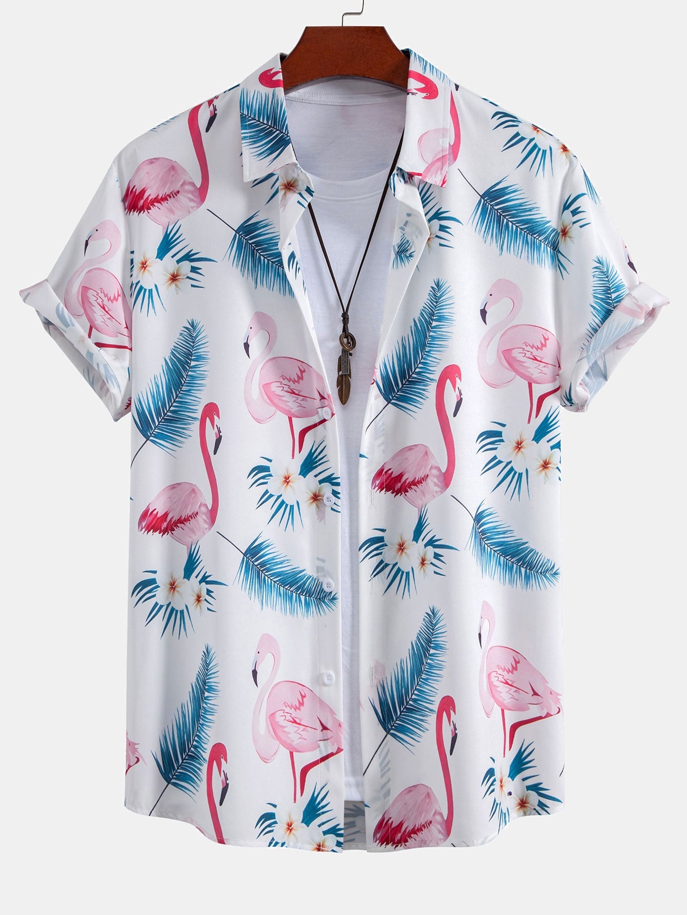 Flamingo Leaf Print Button Up Shirt & Swim Shorts