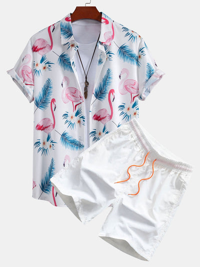 Flamingo Leaf Print Button Up Shirt & Swim Shorts