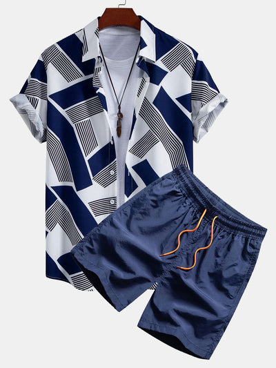 Color Block Geometry Print Button Up Shirt & Swim Shorts