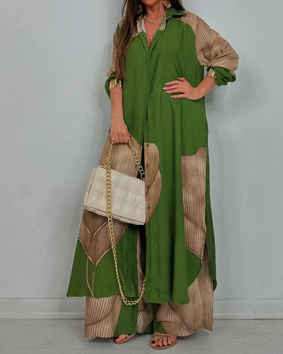 Skye - Trendy Patchwork Printed Top & Wide Leg Pants Set