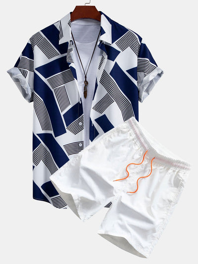 Color Block Geometry Print Button Up Shirt & Swim Shorts