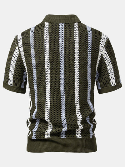 Striped Crochet V Neck Polo & Straight Leg Linen Pants