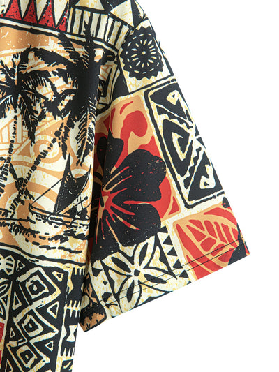 Palm Tree Turtle Ethnic Geometry Print Button Up Shirt & Swim Shorts