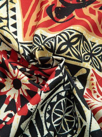 Palm Tree Turtle Ethnic Geometry Print Button Up Shirt & Swim Shorts