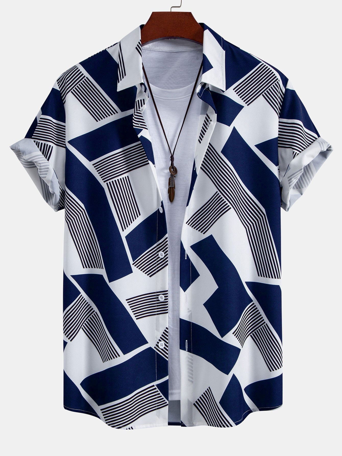Color Block Geometry Print Button Up Shirt & Swim Shorts