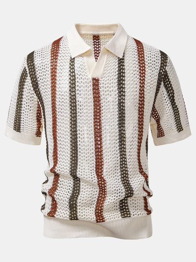 Striped Crochet V Neck Polo & Straight Leg Linen Pants