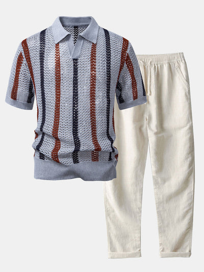 Striped Crochet V Neck Polo & Straight Leg Linen Pants
