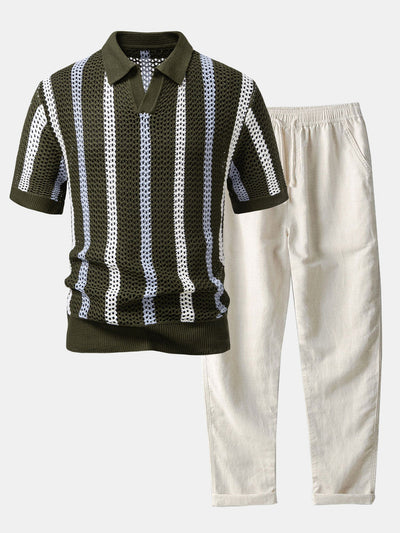 Striped Crochet V Neck Polo & Straight Leg Linen Pants