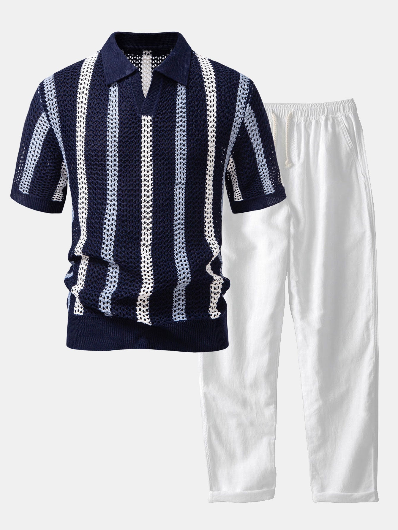 Striped Crochet V Neck Polo & Straight Leg Linen Pants