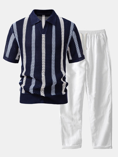 Striped Crochet V Neck Polo & Straight Leg Linen Pants